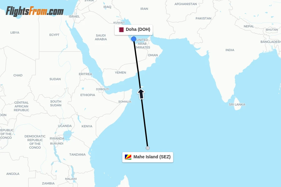 Flights from Mahe Island to Doha route map