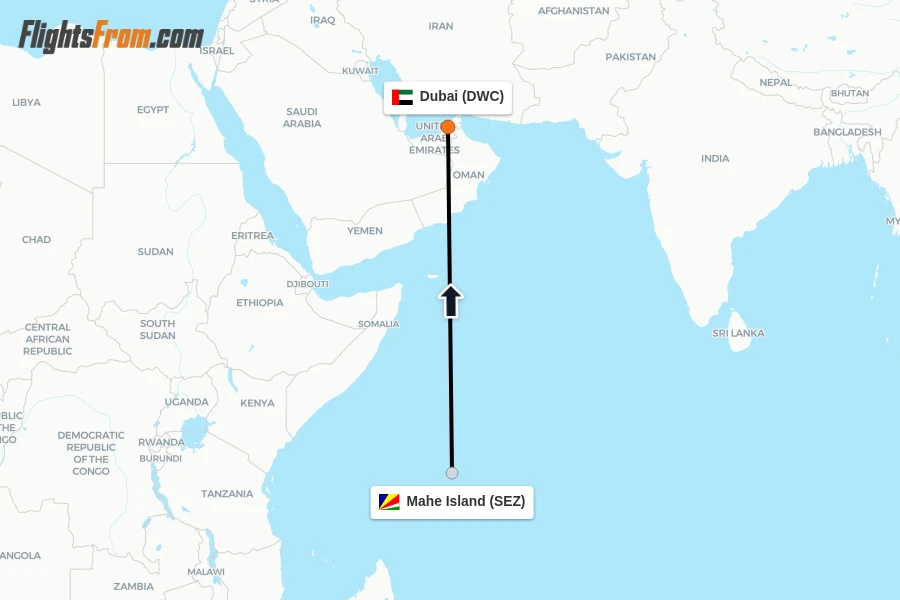 Flights from Mahe Island to Dubai route map