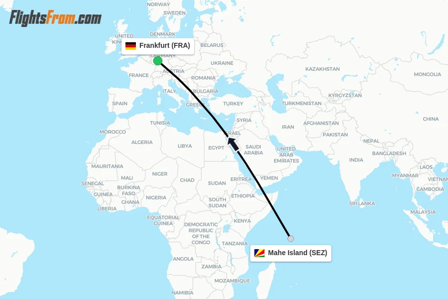 Flights from Mahe Island to Frankfurt route map