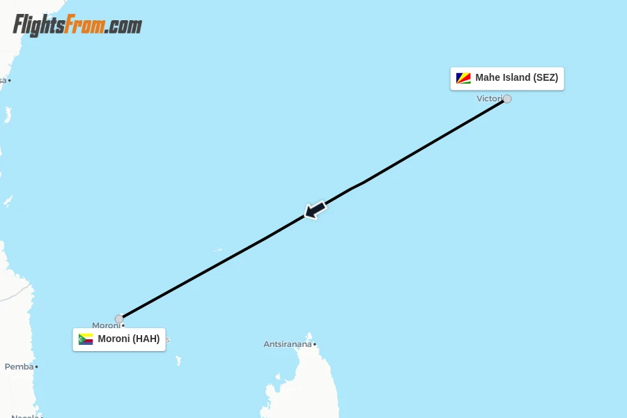 Flights from Mahe Island to Moroni route map