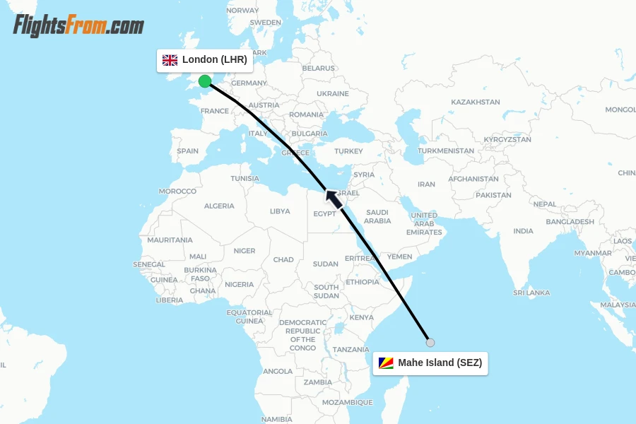 Flights from Mahe Island to London route map