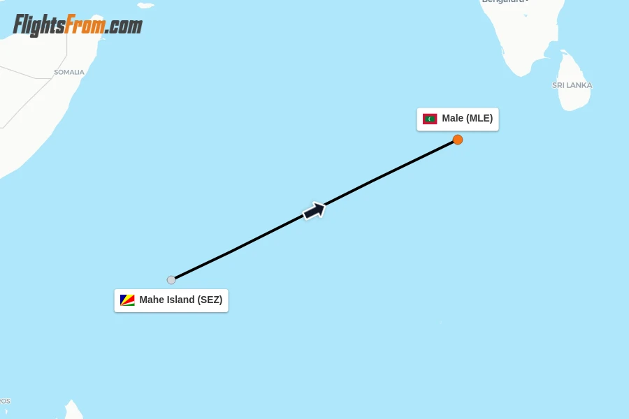 Flights from Mahe Island to Male route map