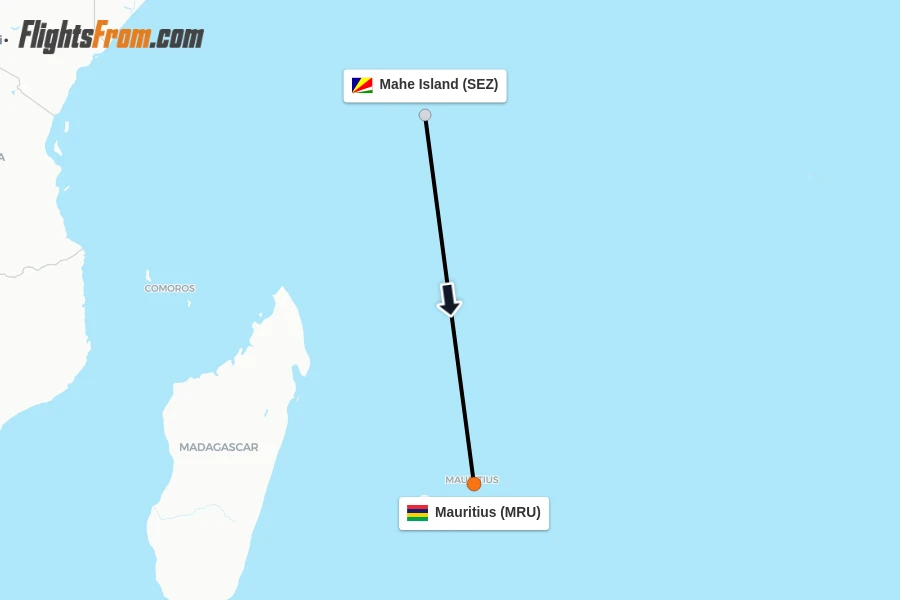 Flights from Mahe Island to Mauritius route map