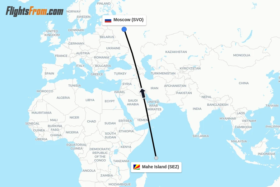 Flights from Mahe Island to Moscow route map