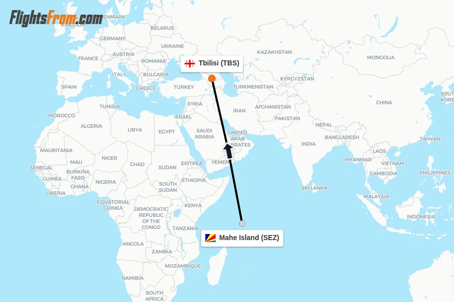 Flights from Mahe Island to Tbilisi route map