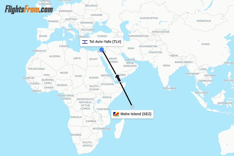 Flights from Mahe Island to Tel Aviv-Yafo route map
