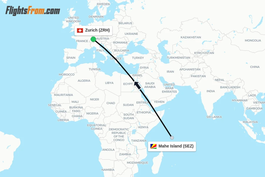 Flights from Mahe Island to Zurich route map