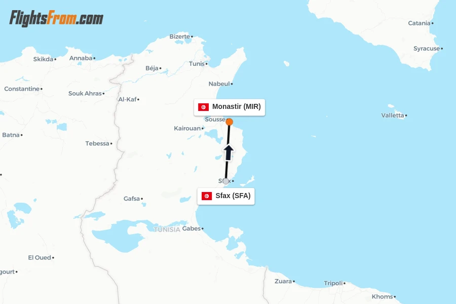 Flights from Sfax to Monastir route map