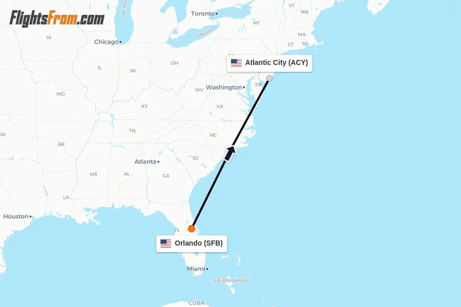 Flights from Orlando to Atlantic City route map