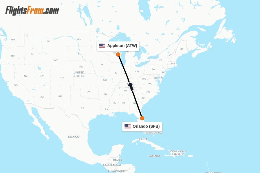 Flights from Orlando to Appleton route map