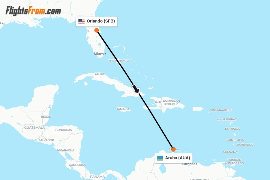 Flights from Orlando to Aruba route map