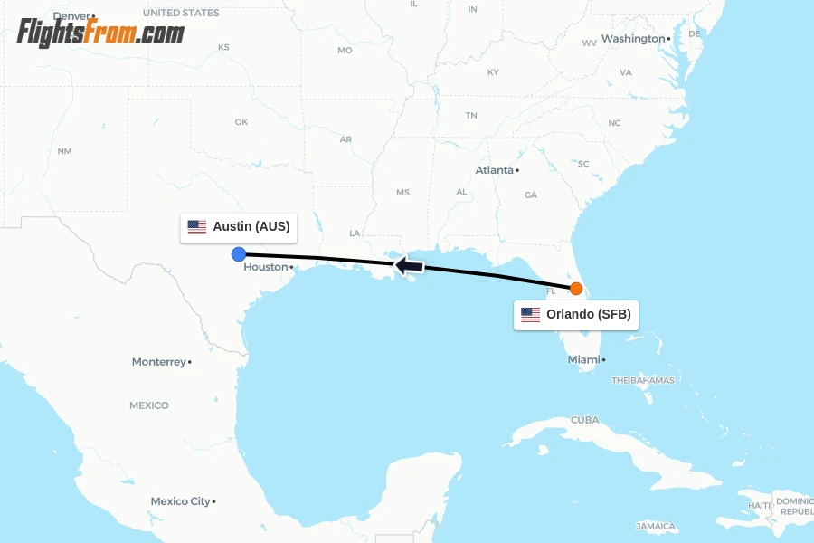 Flights from Orlando to Austin route map