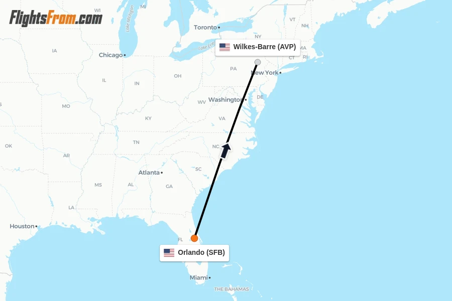 Flights from Orlando to Wilkes-Barre route map