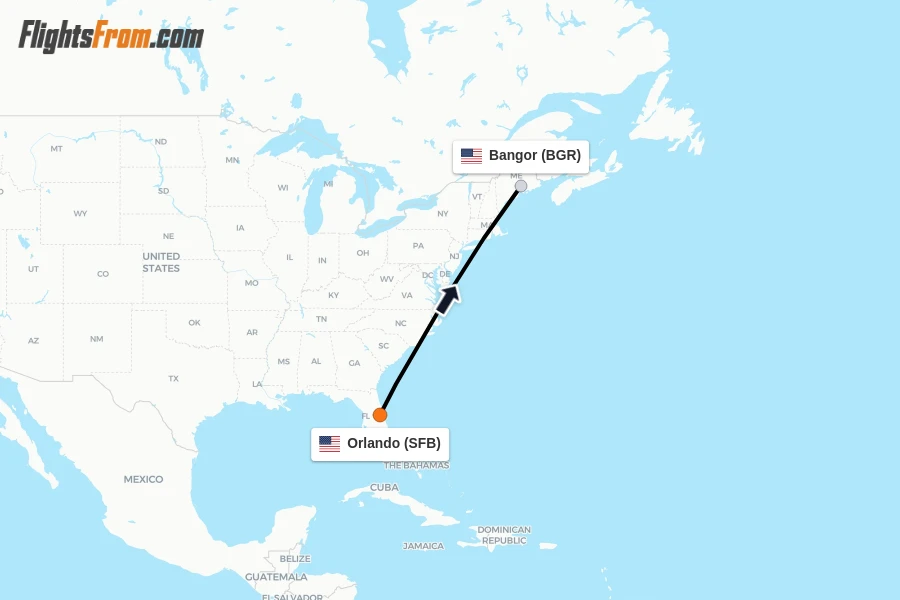 Flights from Orlando to Bangor route map