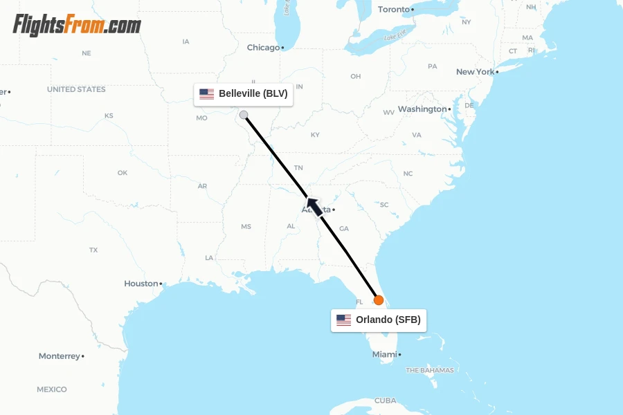 Flights from Orlando to Belleville route map