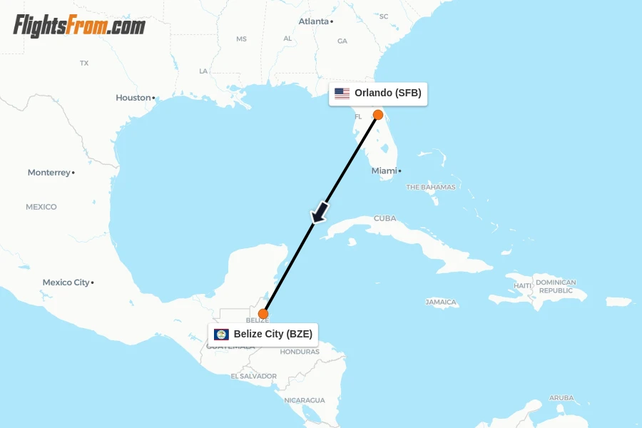 Flights from Orlando to Belize City route map