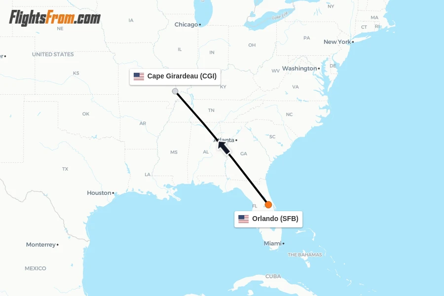 Flights from Orlando to Cape Girardeau route map