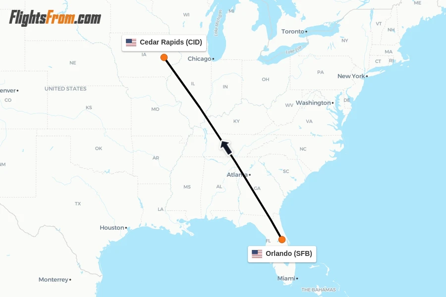 Flights from Orlando to Cedar Rapids route map