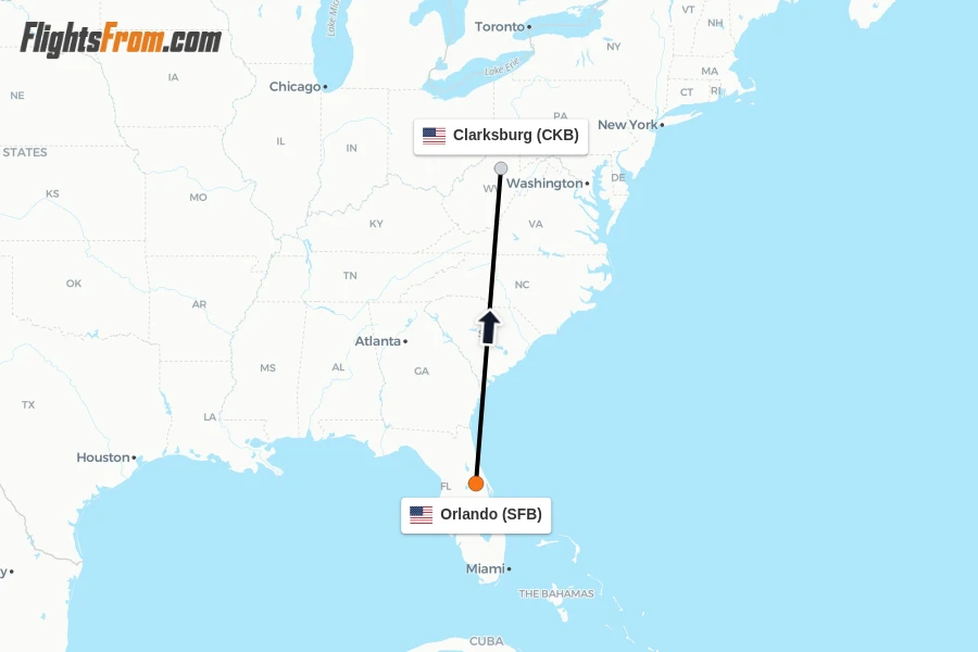 Flights from Orlando to Clarksburg route map