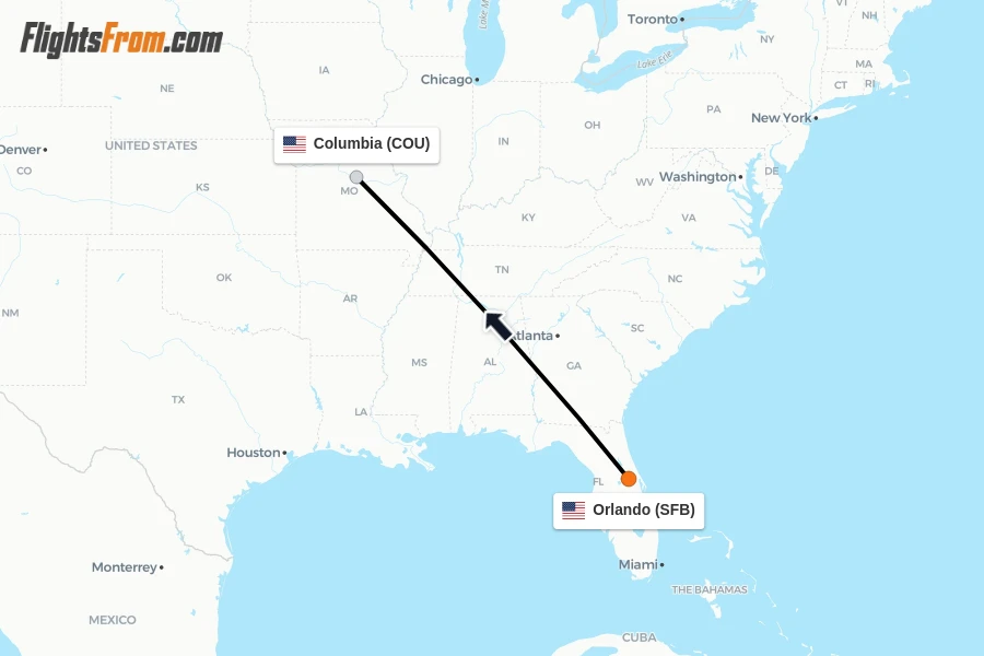 Flights from Orlando to Columbia route map