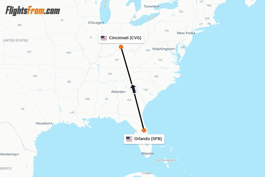 Flights from Orlando to Cincinnati route map