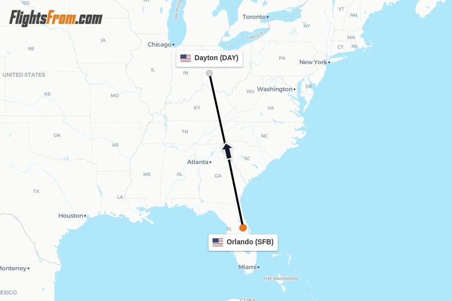 Flights from Orlando to Dayton route map