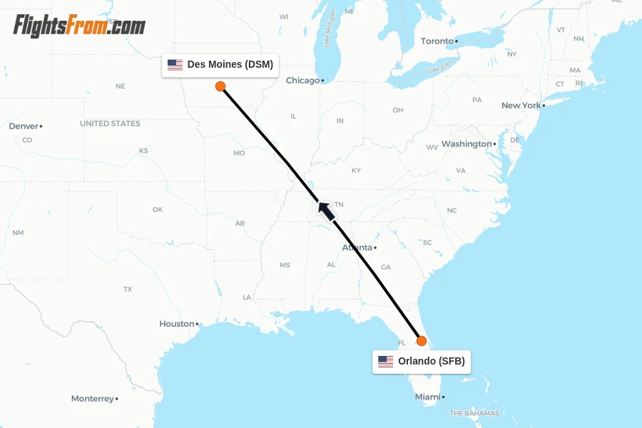 Flights from Orlando to Des Moines route map