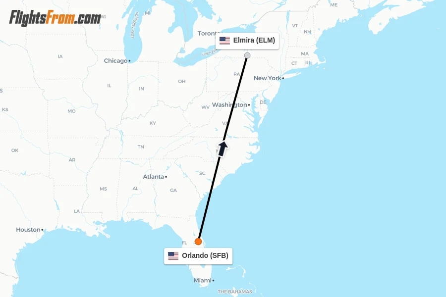 Flights from Orlando to Elmira route map