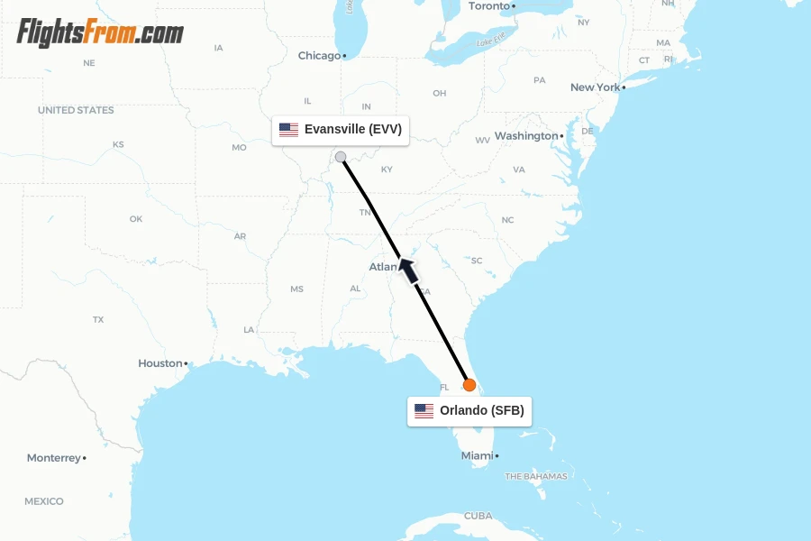 Flights from Orlando to Evansville route map