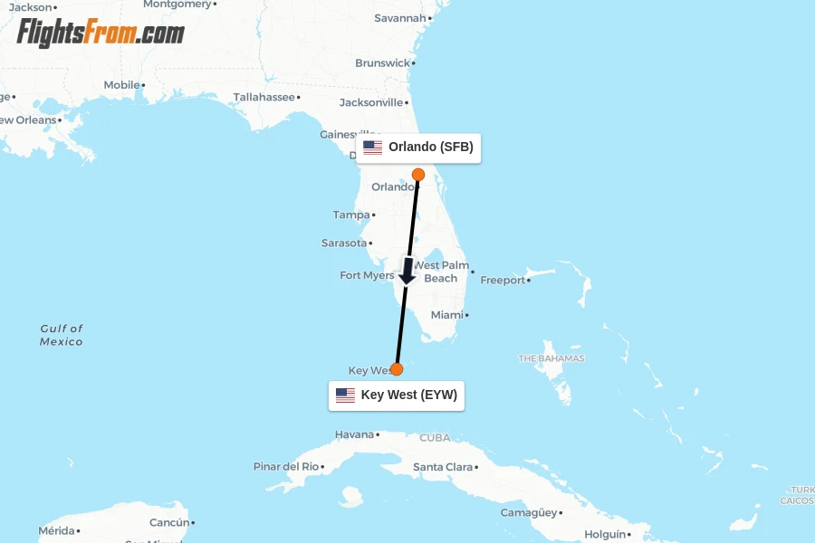 Flights from Orlando to Key West route map
