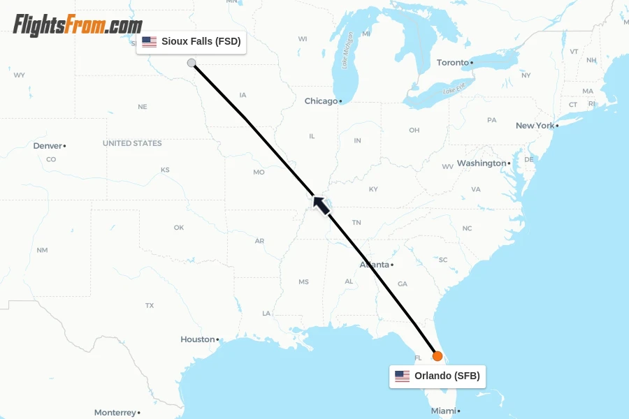 Flights from Orlando to Sioux Falls route map