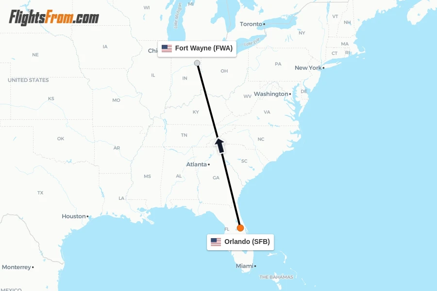 Flights from Orlando to Fort Wayne route map