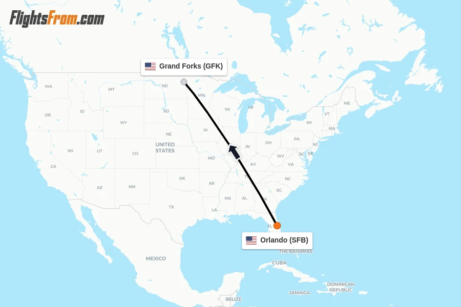 Flights from Orlando to Grand Forks route map