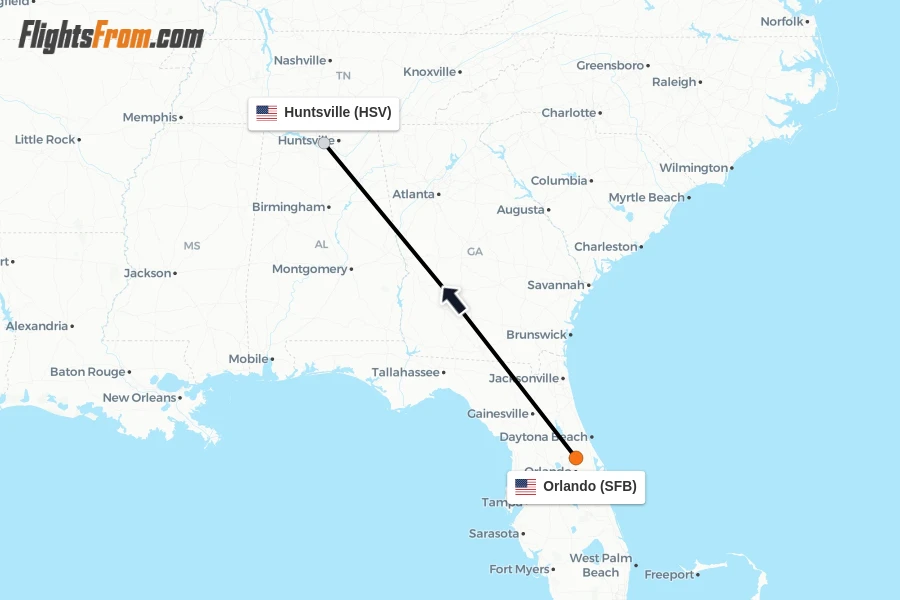 Flights from Orlando to Huntsville route map