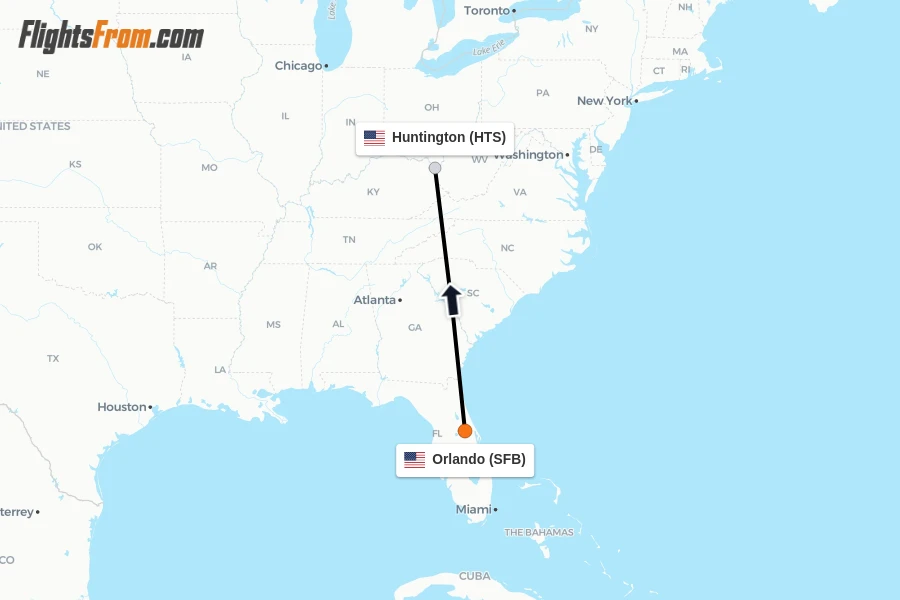 Flights from Orlando to Huntington route map