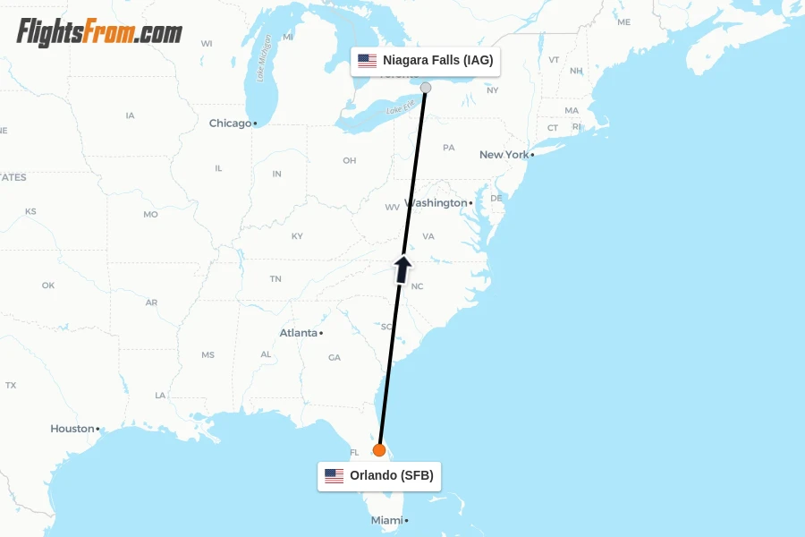 Flights from Orlando to Niagara Falls route map
