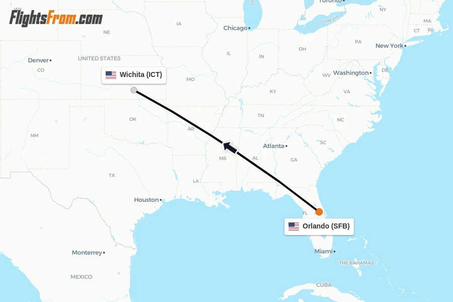 Flights from Orlando to Wichita route map