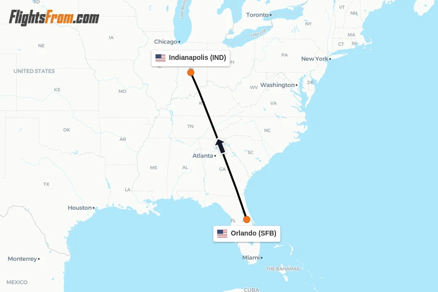 Flights from Orlando to Indianapolis route map