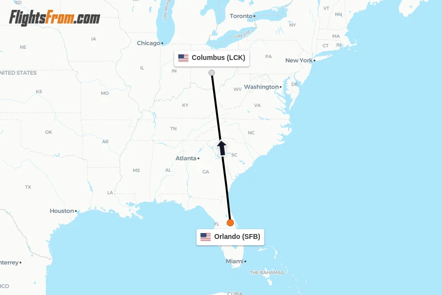 Flights from Orlando to Columbus route map