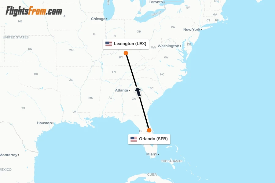 Flights from Orlando to Lexington route map