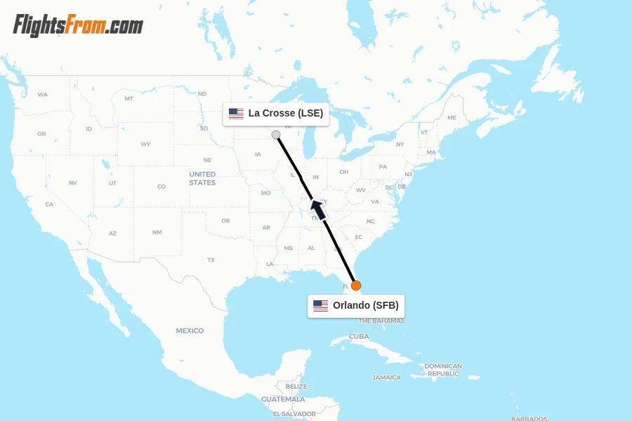 Flights from Orlando to La Crosse route map
