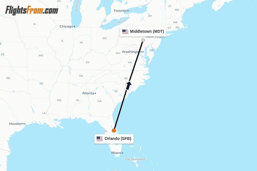 Flights from Orlando to Middletown route map