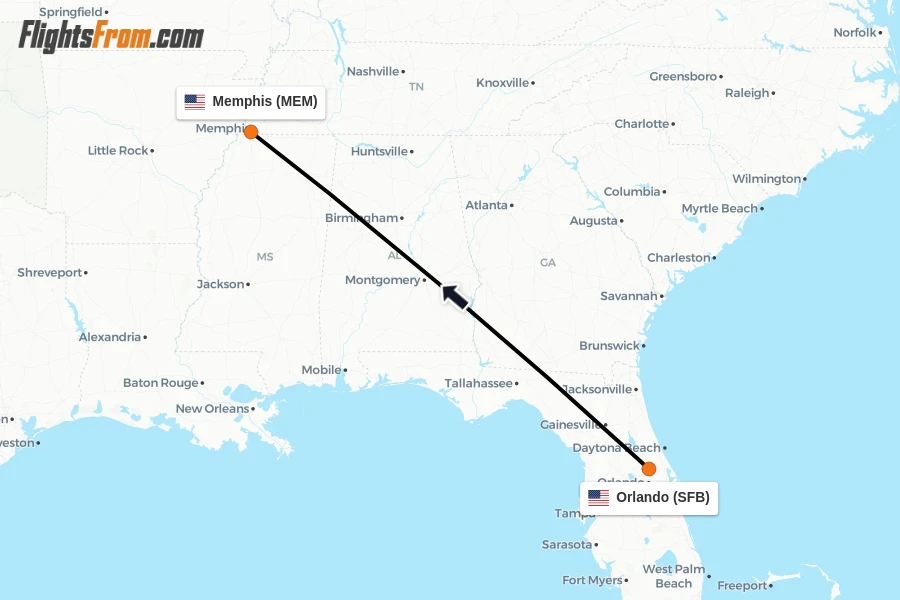 Flights from Orlando to Memphis route map