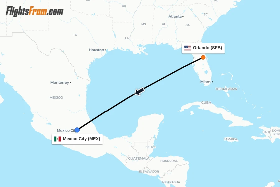 Flights from Orlando to Mexico City route map