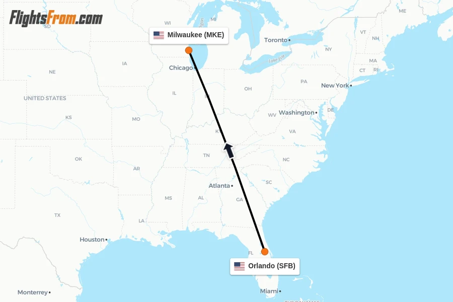 Flights from Orlando to Milwaukee route map