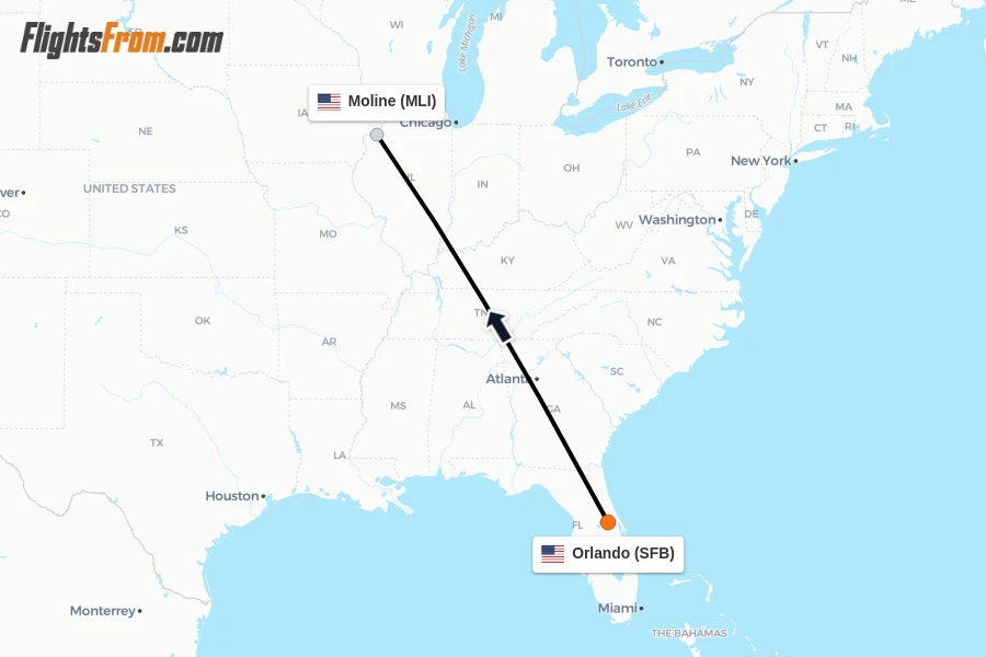 Flights from Orlando to Moline route map
