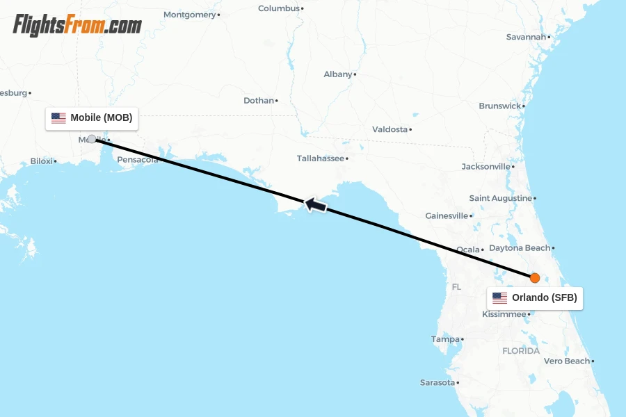 Flights from Orlando to Mobile route map