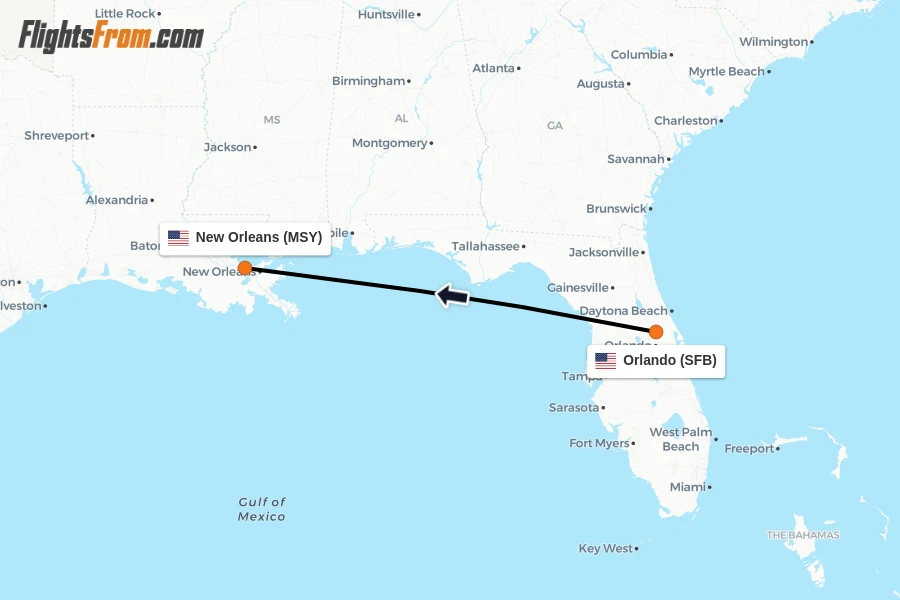 Flights from Orlando to New Orleans route map