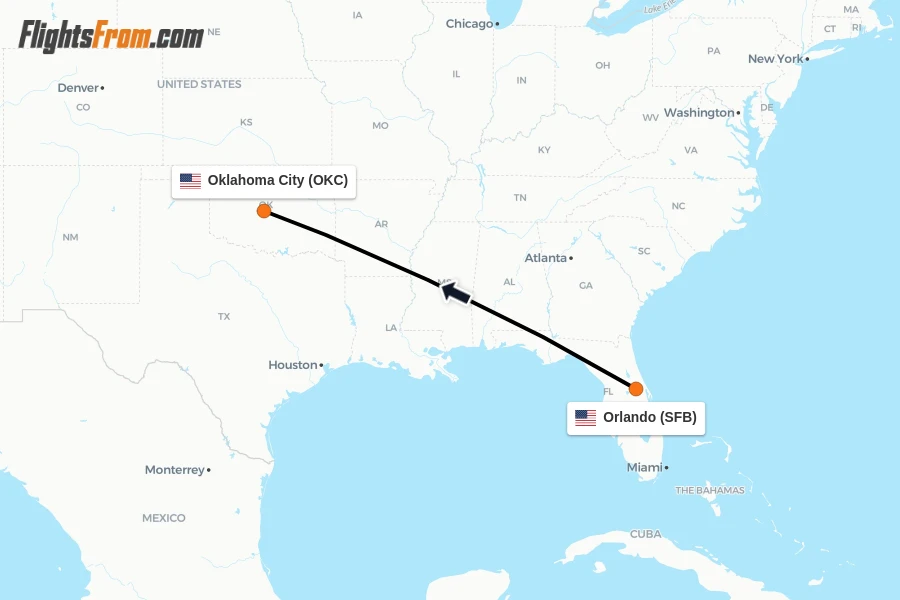 Flights from Orlando to Oklahoma City route map