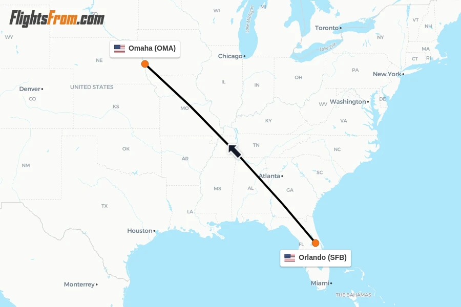 Flights from Orlando to Omaha route map